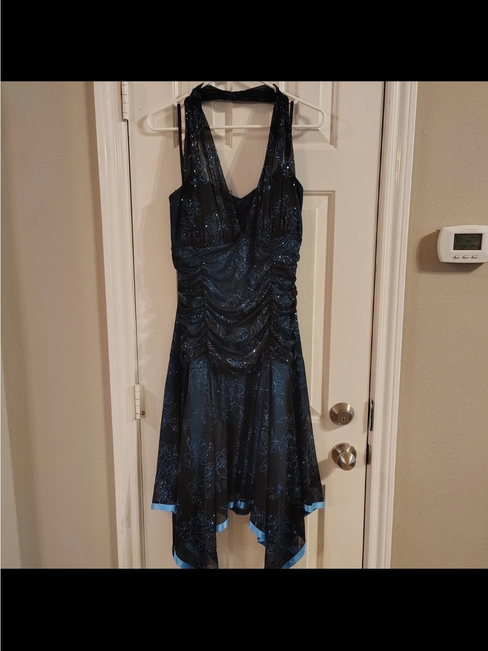 Taboo Navy Floral Halter Handkerchief Hem Dress